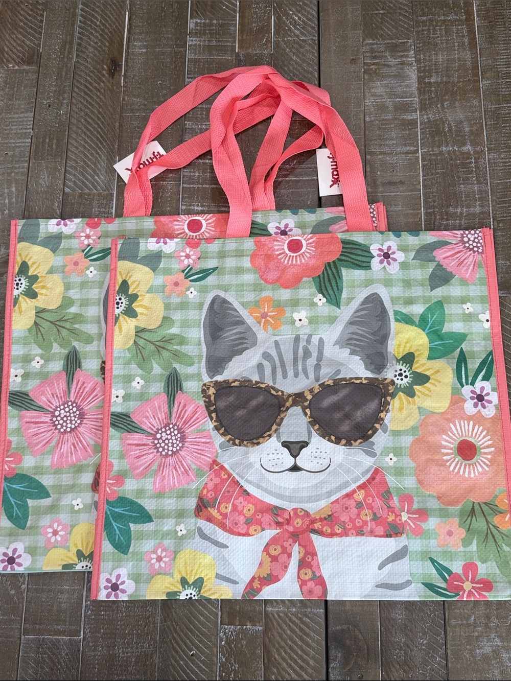 T.J.Maxx Floral Cat Reusable Tote with Coral Trim